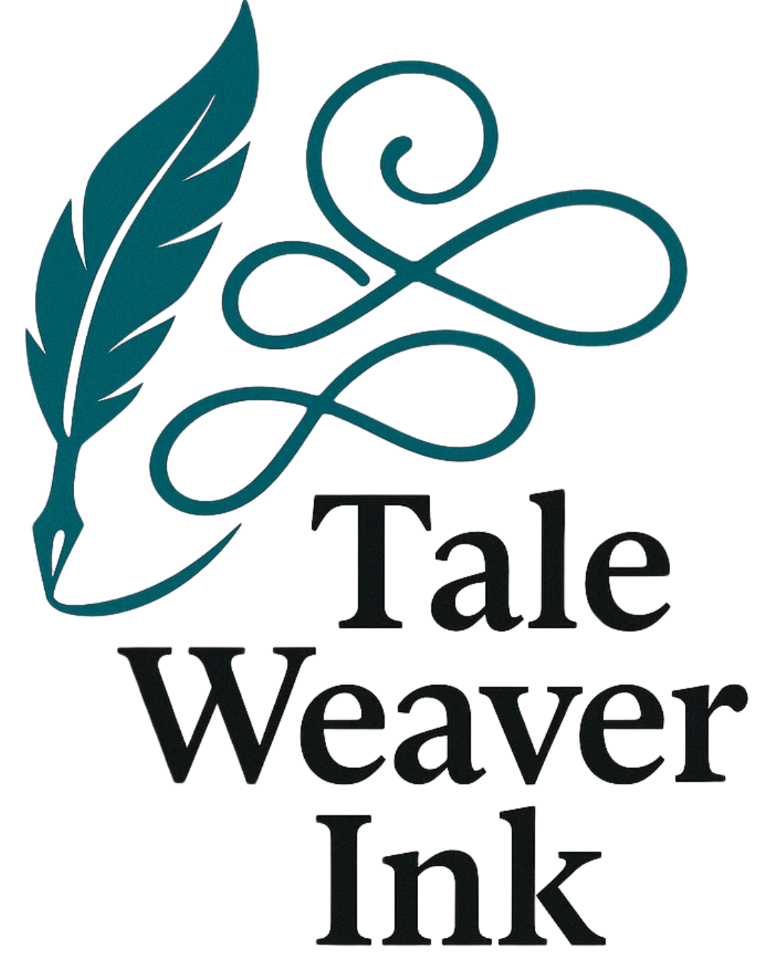 TaleWeaver Ink logo with a teal quill and flowing ink lines.