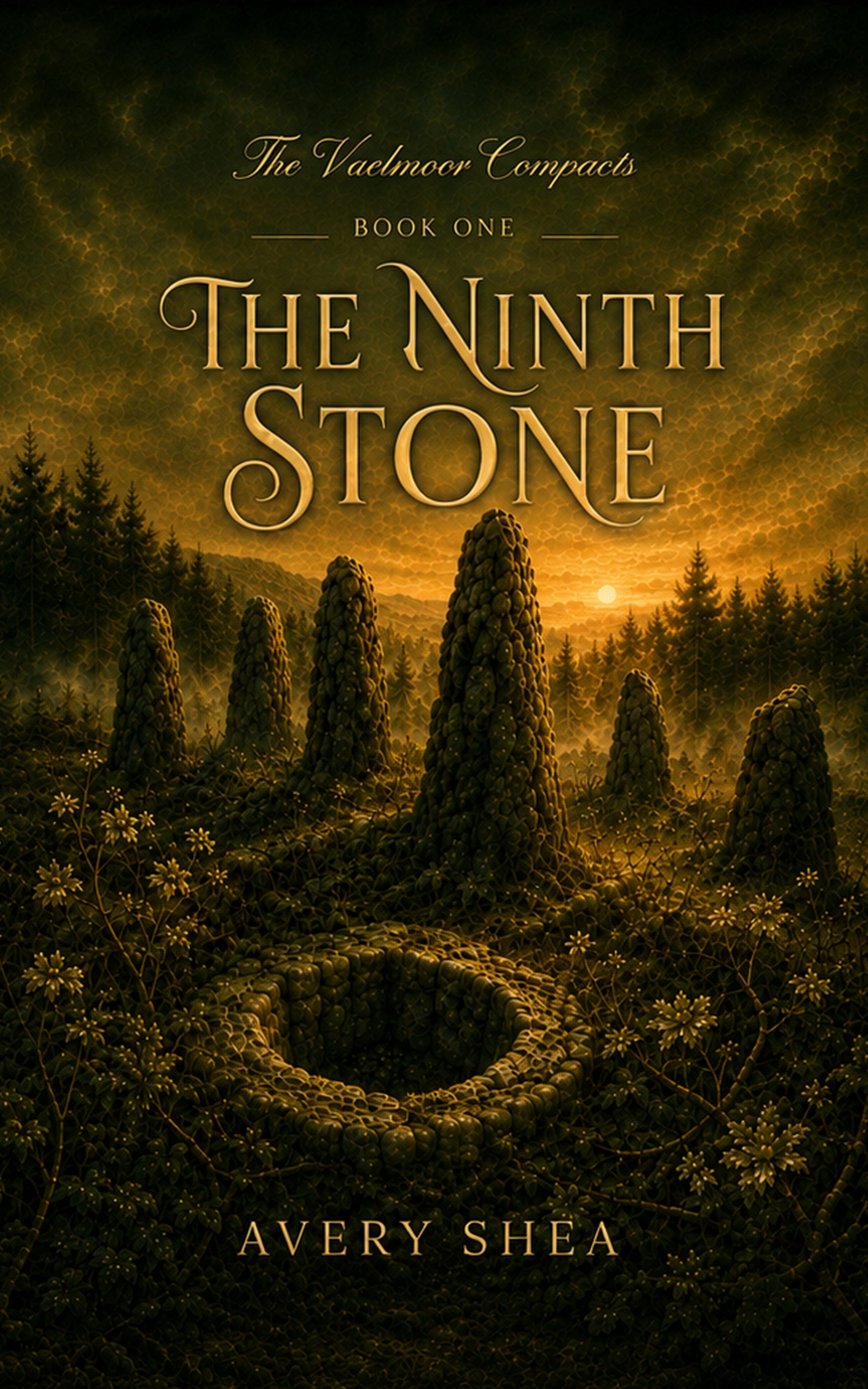 The Ninth Stone by Avery Shea, Book One of The Vaelmoor Compacts, with standing stones and golden light over a forest.